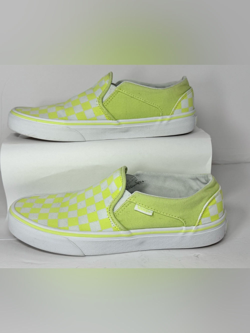 Vans Women’s size 8.5 Slip-On Sneakers in Neon Green and White Checkerboard